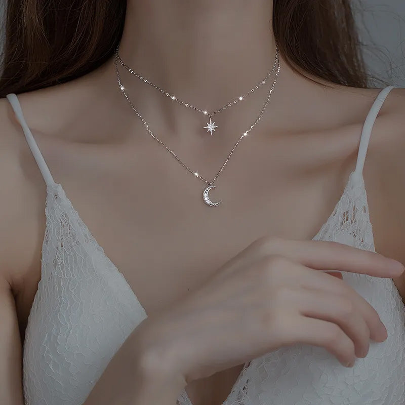925 Sterling Sliver Full Zircon Star Moon Pendant Layered Necklace