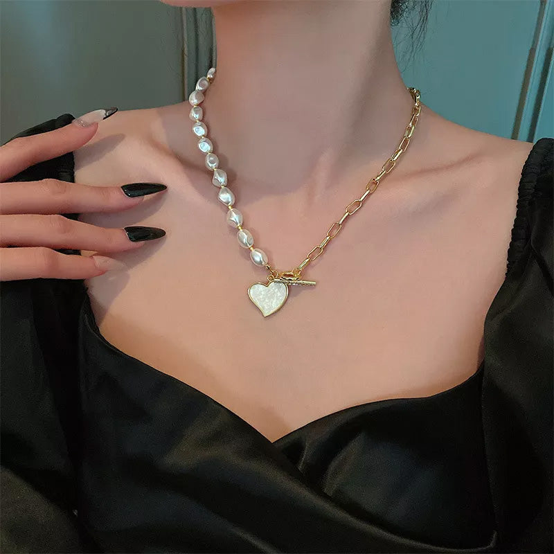 18K Gold Plated Pearl Splicing Chain Marble Heart Pendant Necklace