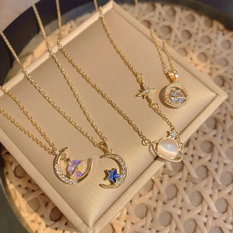 18k Gold Plated Stainless Steel Moon Sun Star Saturn Starburst Planet Pendant Necklace