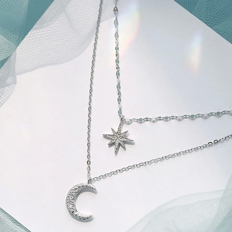 925 Sterling Sliver Full Zircon Star Moon Pendant Layered Necklace