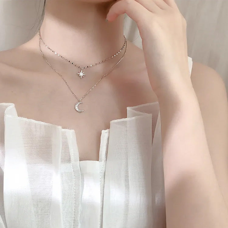 925 Sterling Sliver Full Zircon Star Moon Pendant Layered Necklace