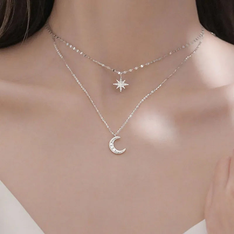 925 Sterling Sliver Full Zircon Star Moon Pendant Layered Necklace