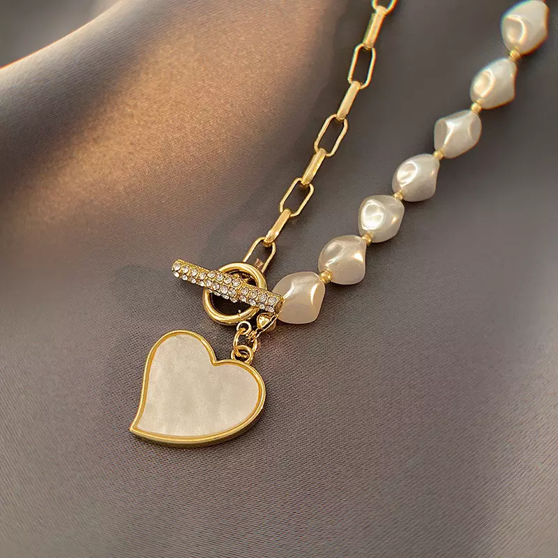 18K Gold Plated Pearl Splicing Chain Marble Heart Pendant Necklace