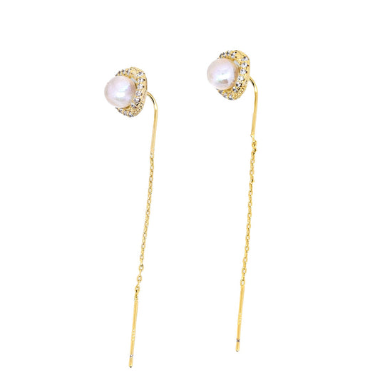 S925 Sterling Silver Post Freshwater Pearl Zircon Wire Earrings