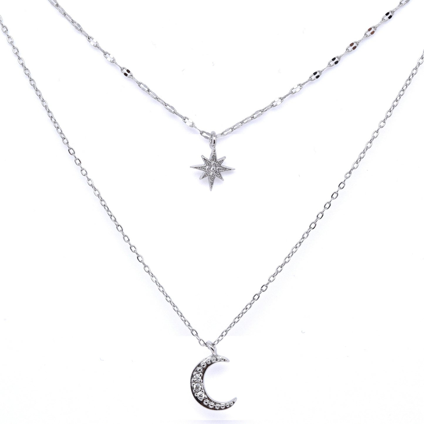 925 Sterling Sliver Full Zircon Star Moon Pendant Layered Necklace