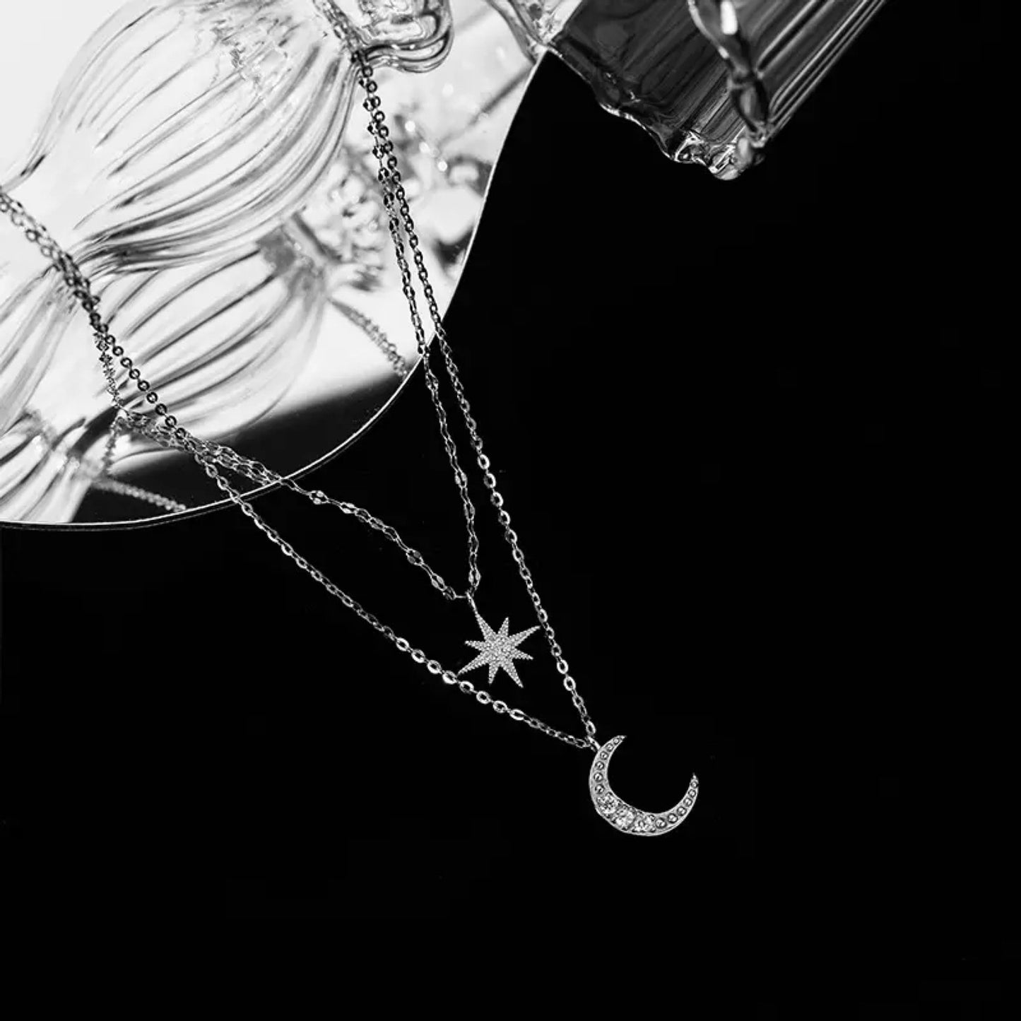 925 Sterling Sliver Full Zircon Star Moon Pendant Layered Necklace