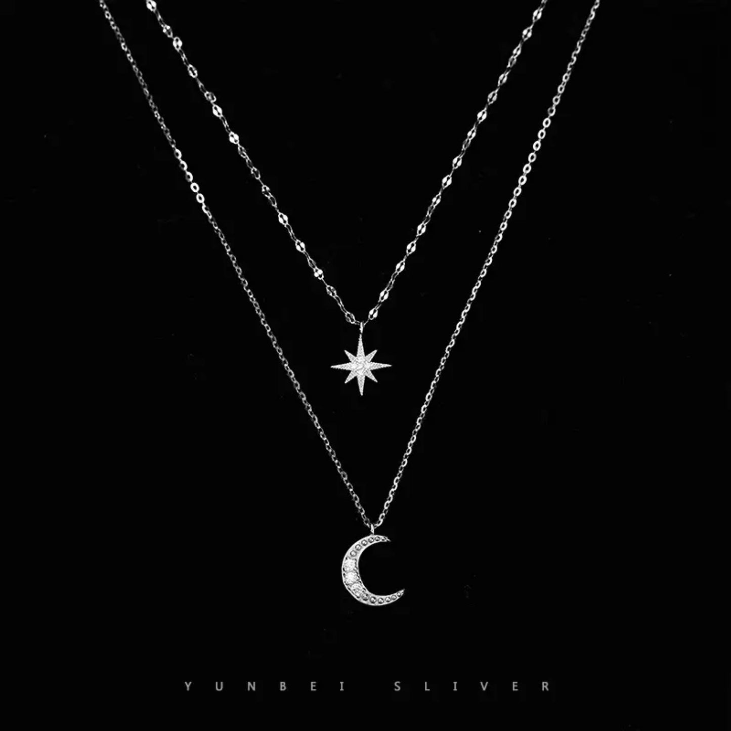 925 Sterling Sliver Full Zircon Star Moon Pendant Layered Necklace