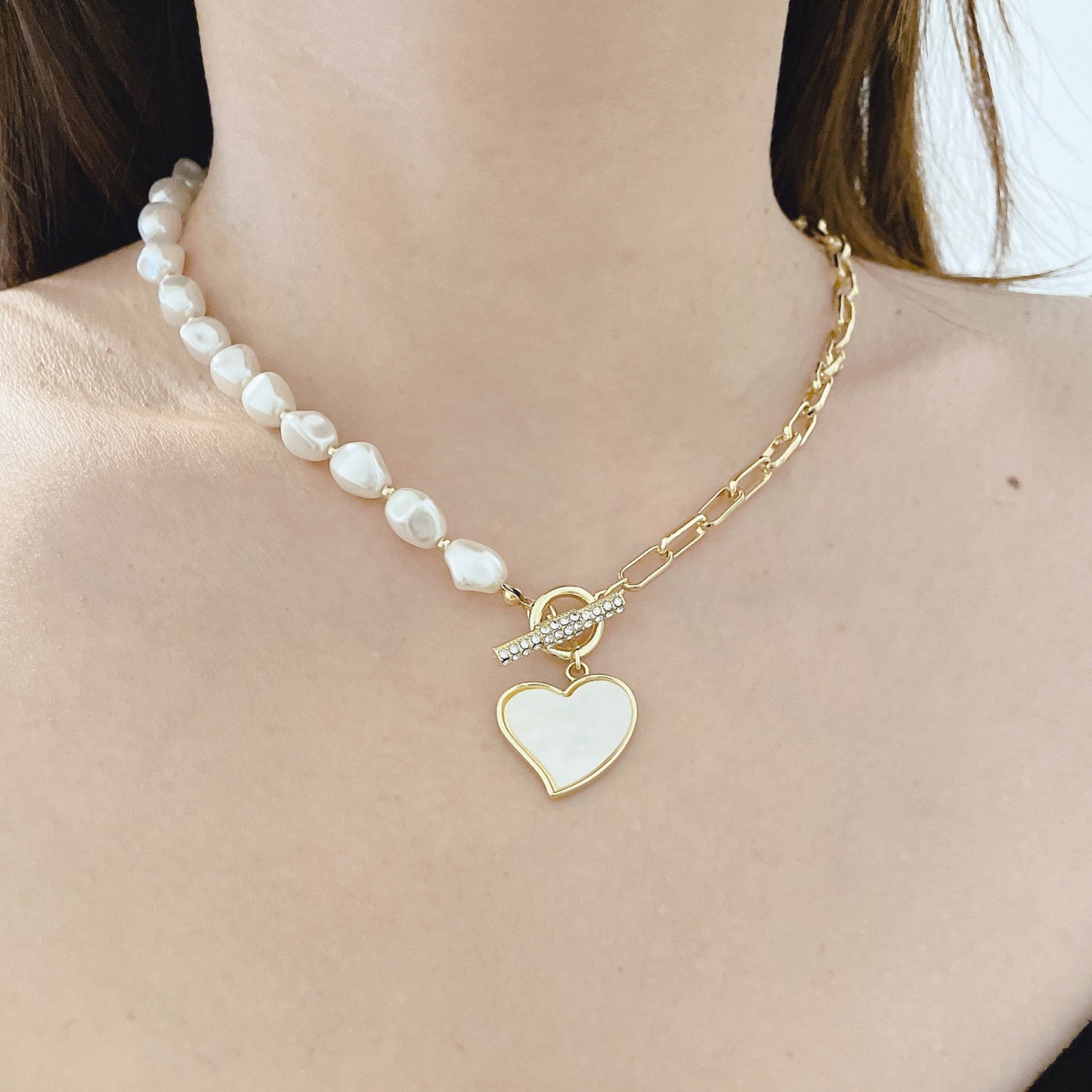18K Gold Plated Pearl Splicing Chain Marble Heart Pendant Necklace