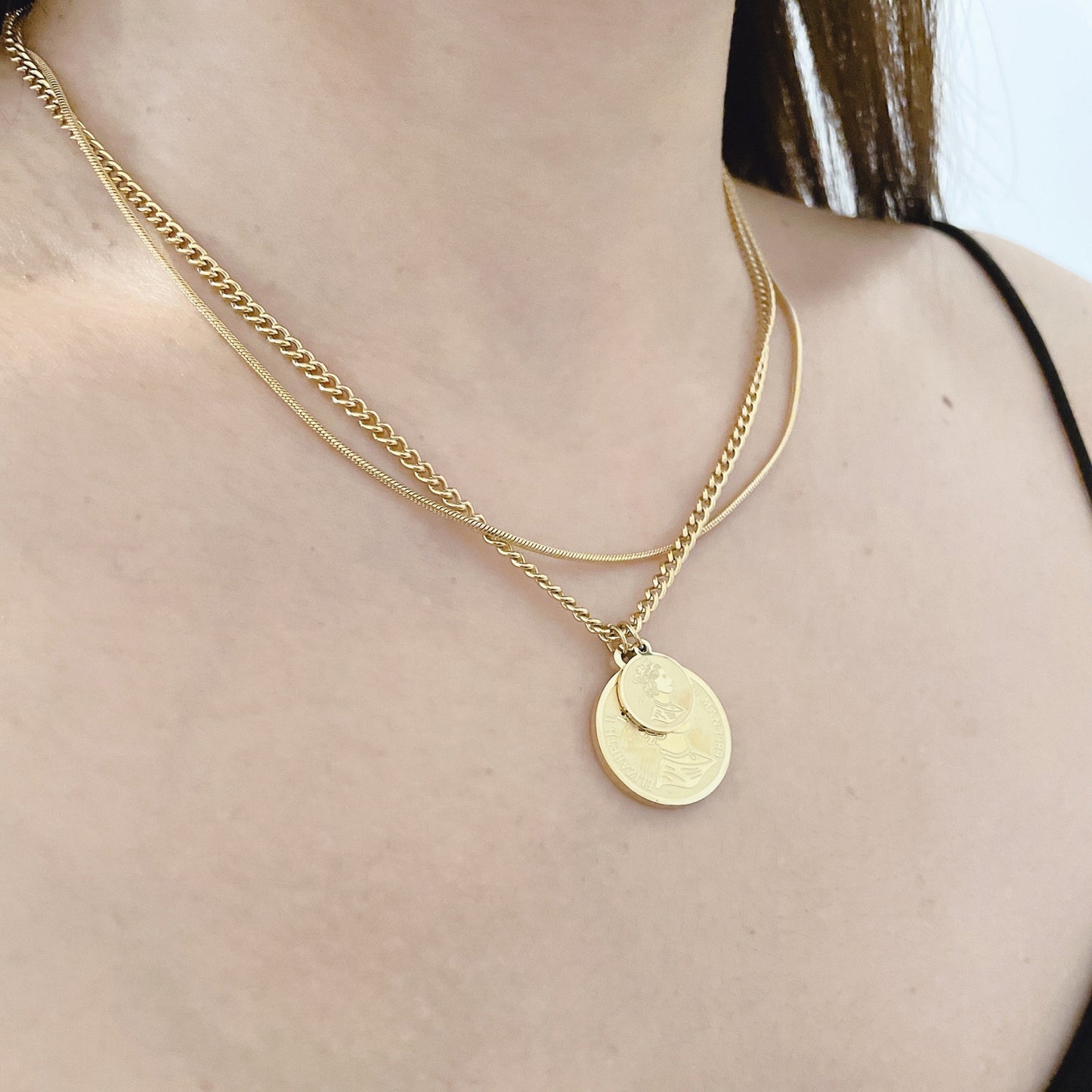 18K Gold Plated Stainless Steel Coin Pendant 2 in 1 Necklace