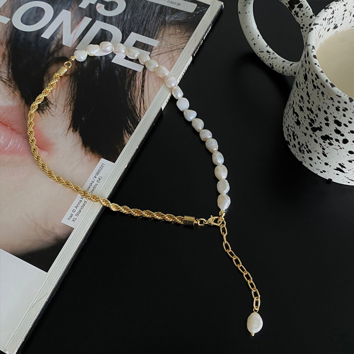 14K Gold Plated Twisted Chain Fresh Water Pearl Strand 2-Way Necklace