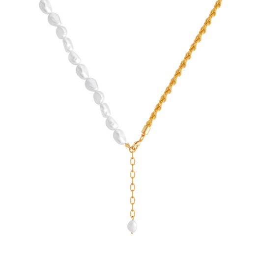 14K Gold Plated Twisted Chain Fresh Water Pearl Strand 2-Way Necklace