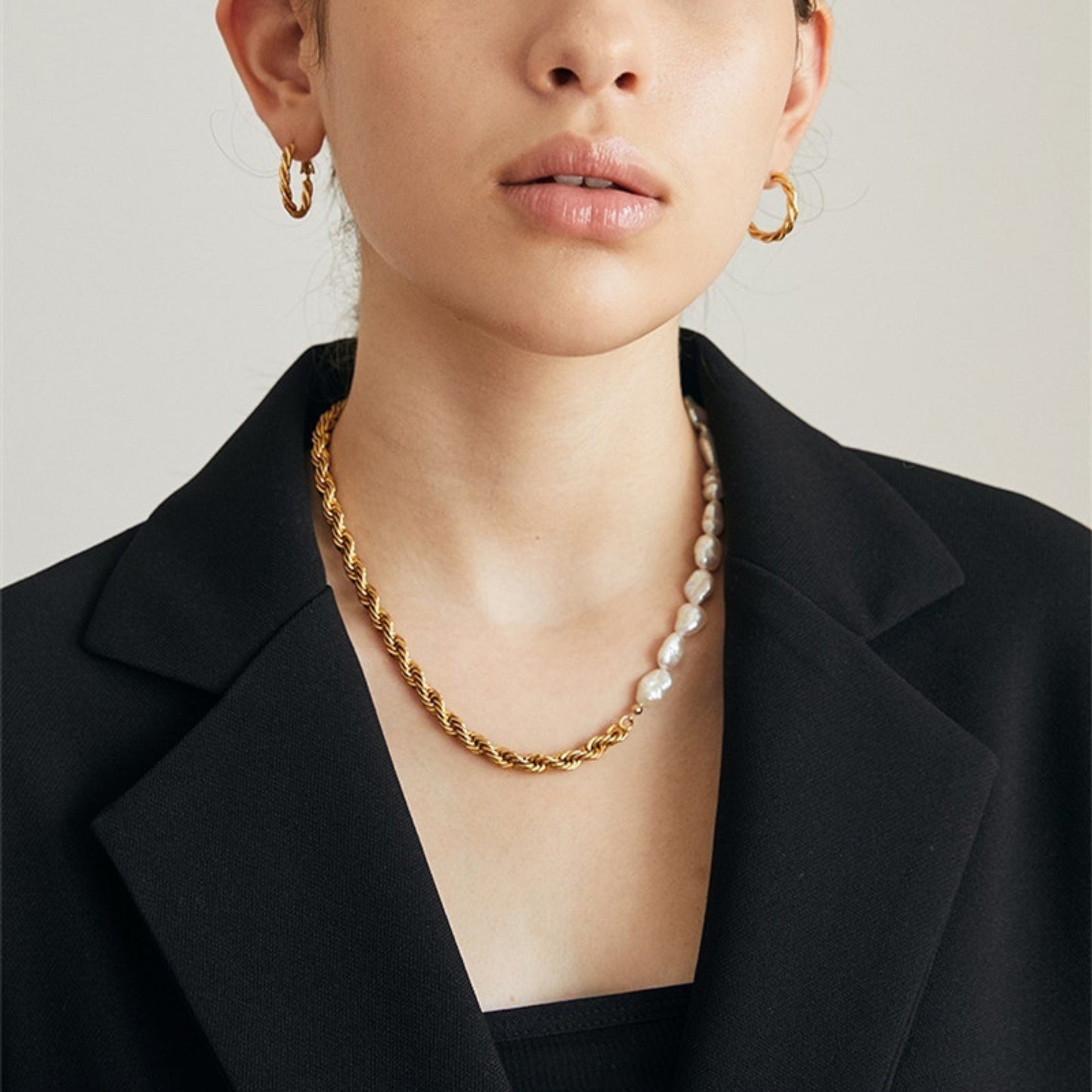 14K Gold Plated Twisted Chain Fresh Water Pearl Strand 2-Way Necklace