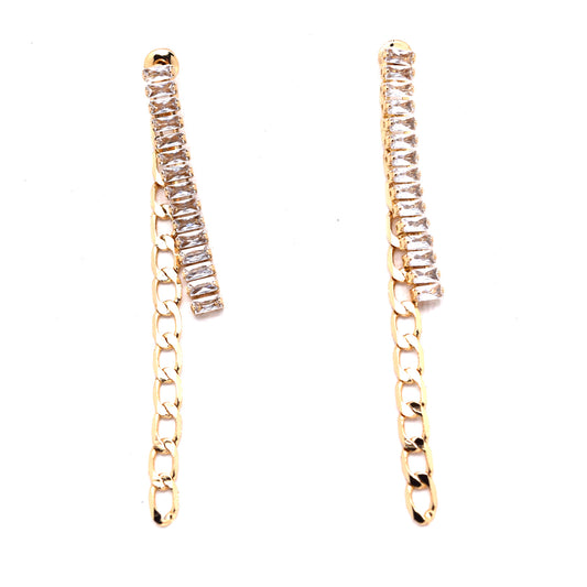 925 Sterling Silver Post 18k Gold Plated Zircon Chain Drop 2 in 1 Earrings