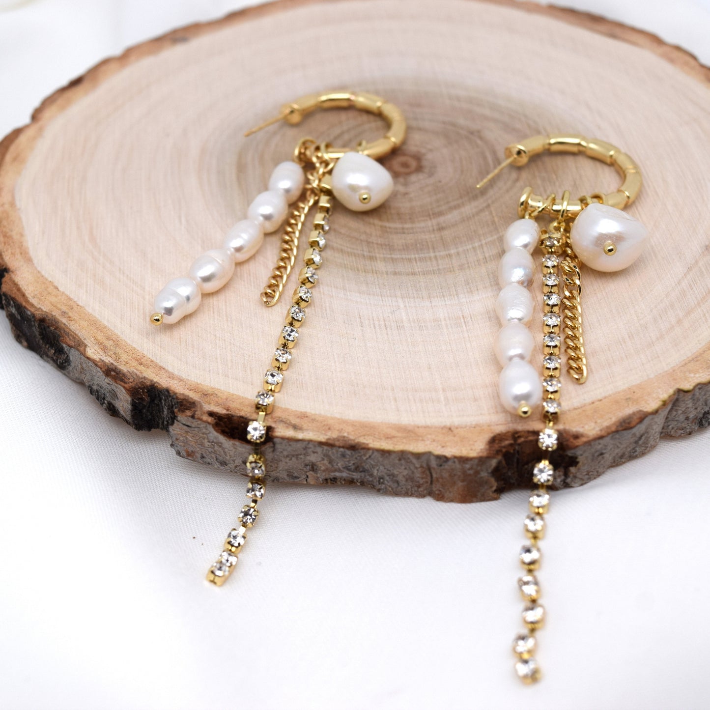 925 Sterling Silver Post Baroque Pearls Rhinestone Tassel Earrings