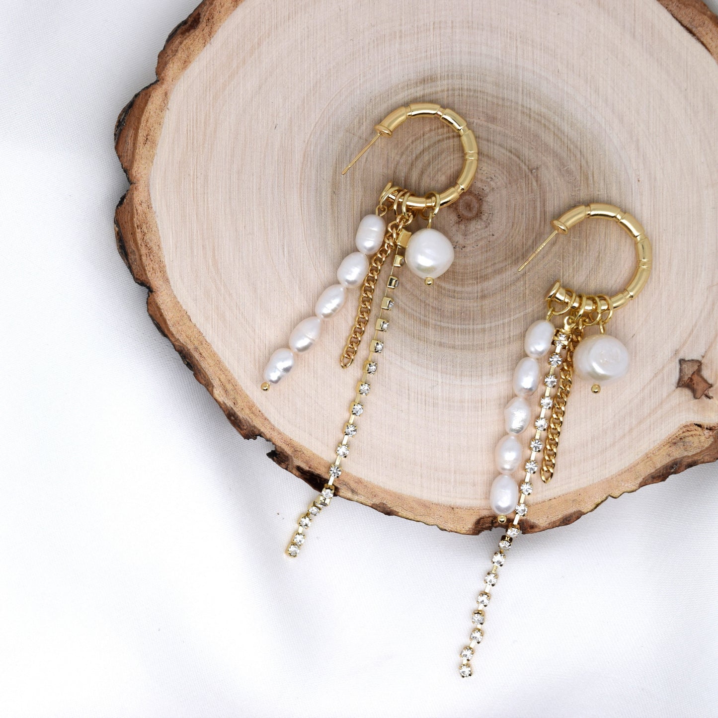 925 Sterling Silver Post Baroque Pearls Rhinestone Tassel Earrings
