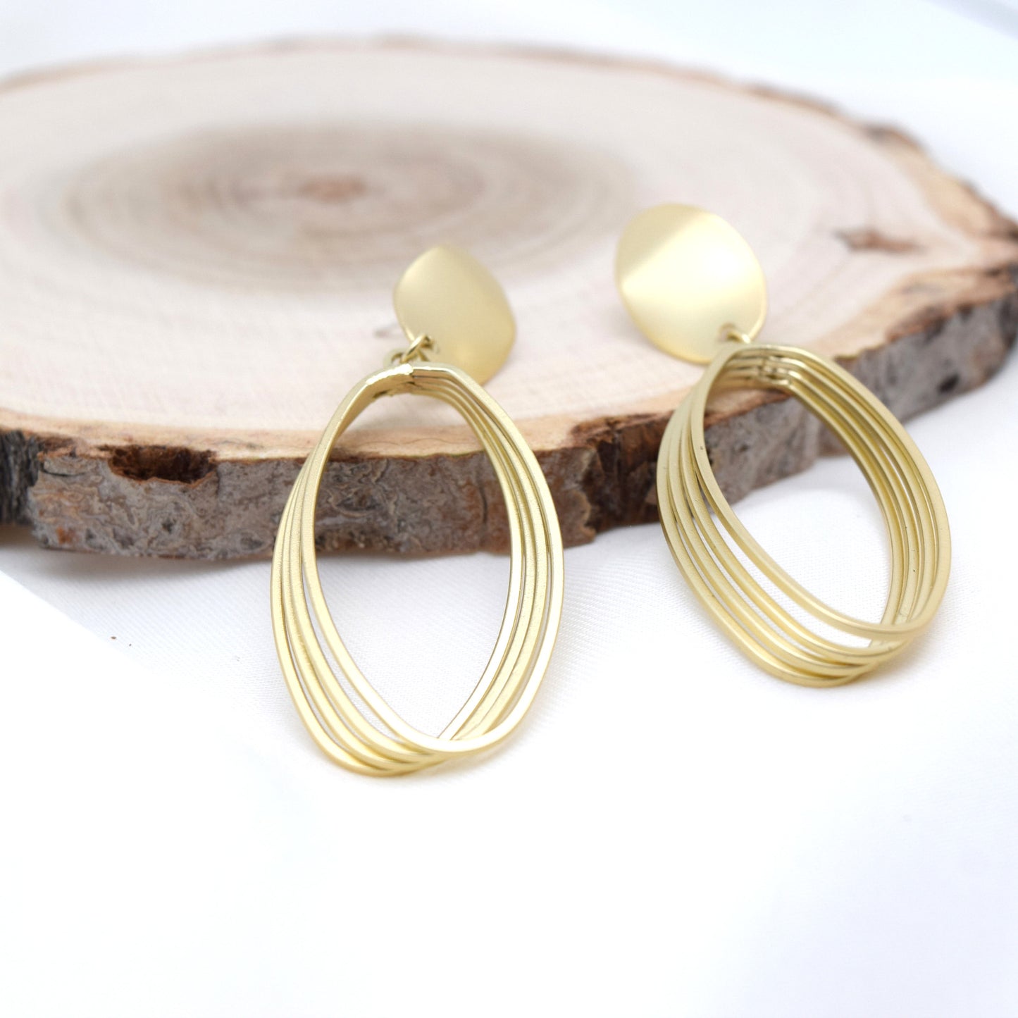 925 Sterling Silver Post Geometric Matte Gold Plated Dangle Earrings