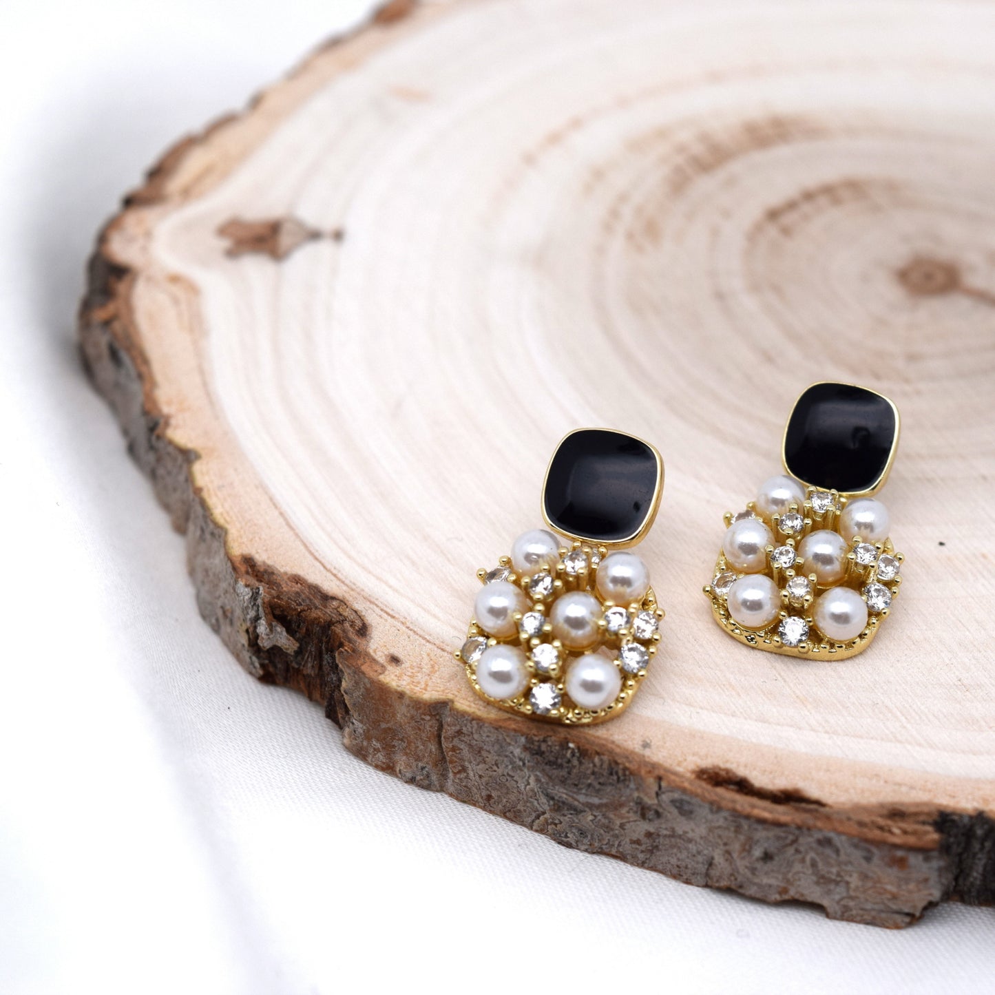 18k Gold Plated Black Square Zircon Pearl Drop Dangle Earring