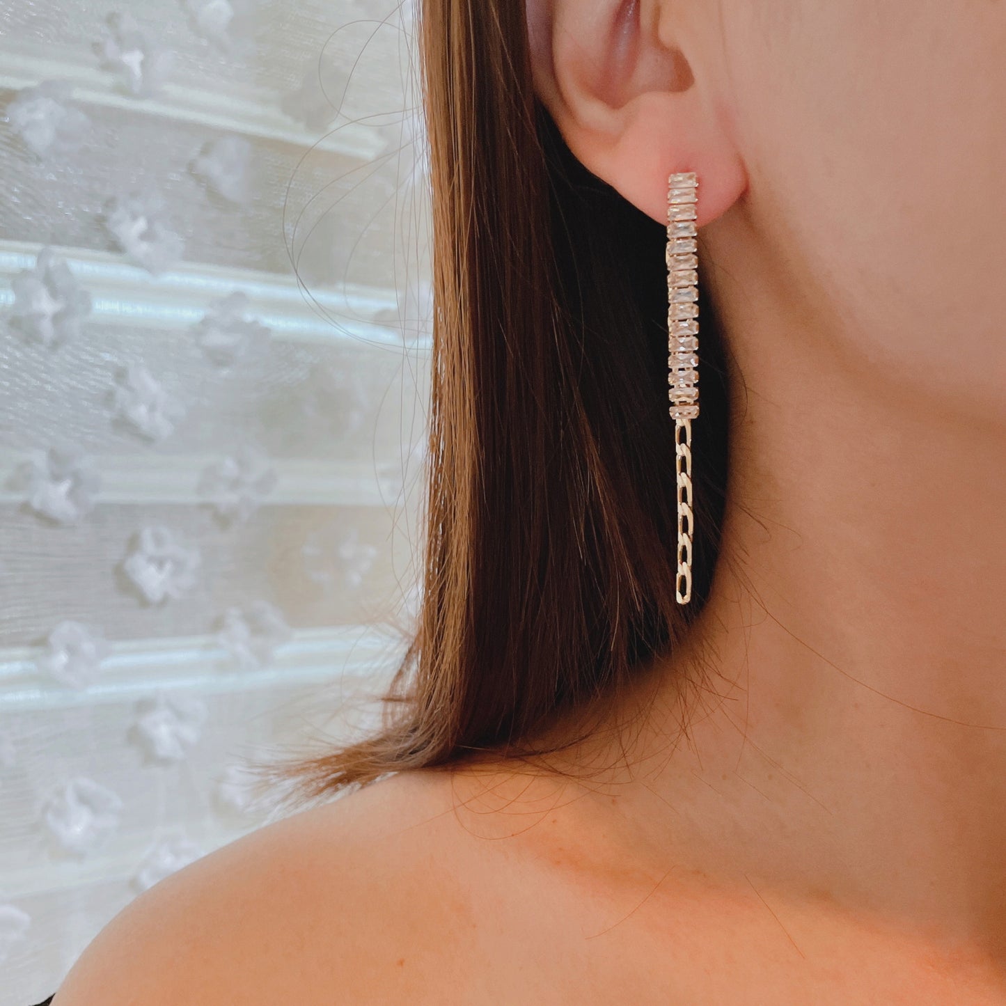 925 Sterling Silver Post 18k Gold Plated Zircon Chain Drop 2 in 1 Earrings