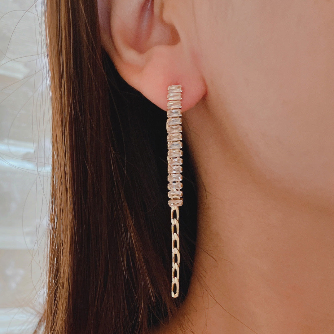 925 Sterling Silver Post 18k Gold Plated Zircon Chain Drop 2 in 1 Earrings