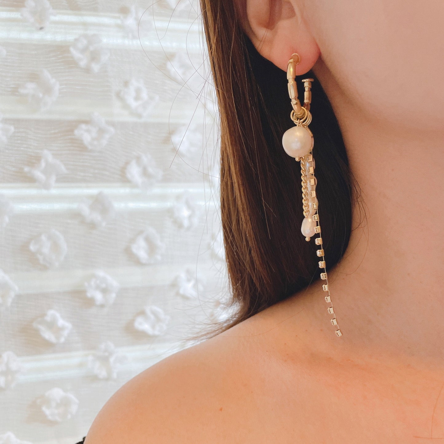 925 Sterling Silver Post Baroque Pearls Rhinestone Tassel Earrings