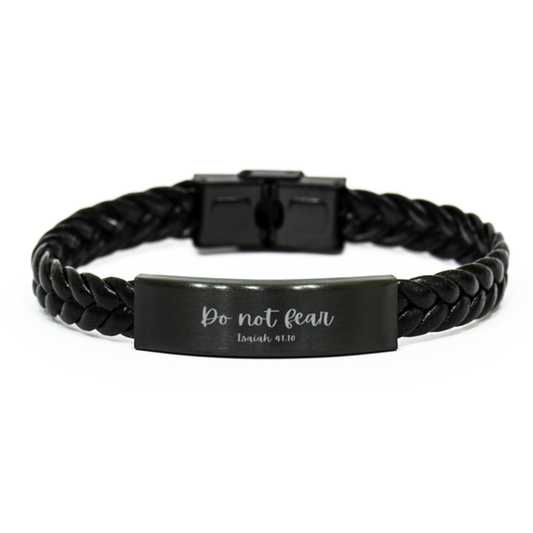 Do Not Fear Isaiah 41:10 Bible Message Faithful Inspirational Gift For Men And Women Unisex Braided Leather Bracelet Black