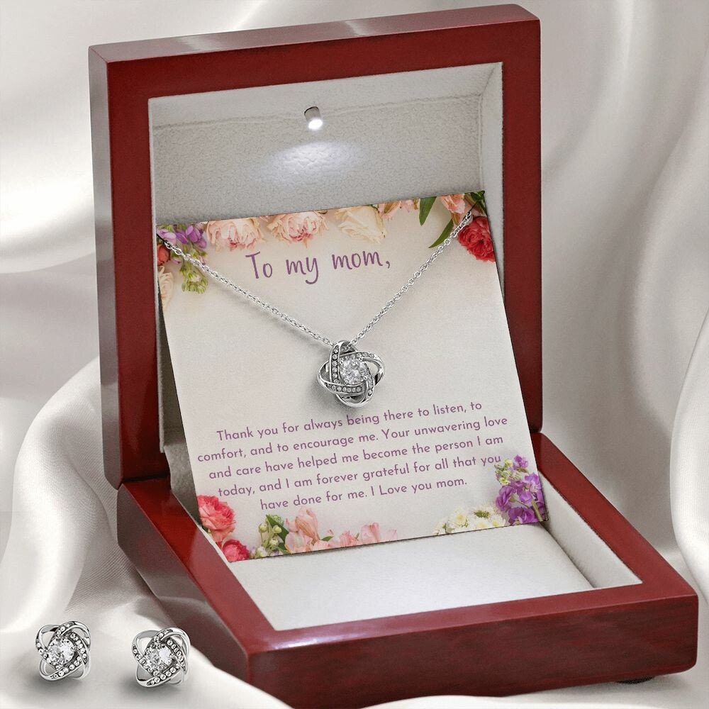 14k White Gold Love Knot Necklace Earrings SET for Mom Mother's Day Gift