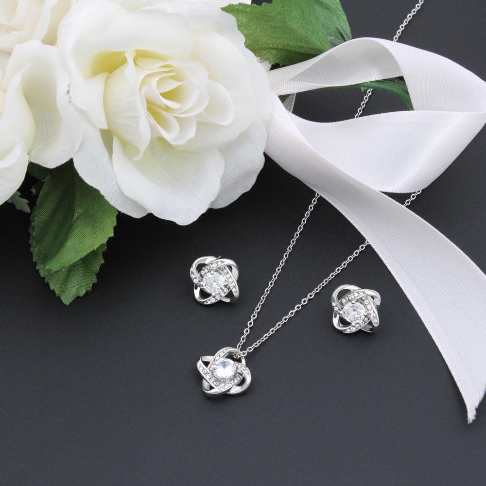 14k White Gold Love Knot Necklace Earrings SET for Mom Mother's Day Gift