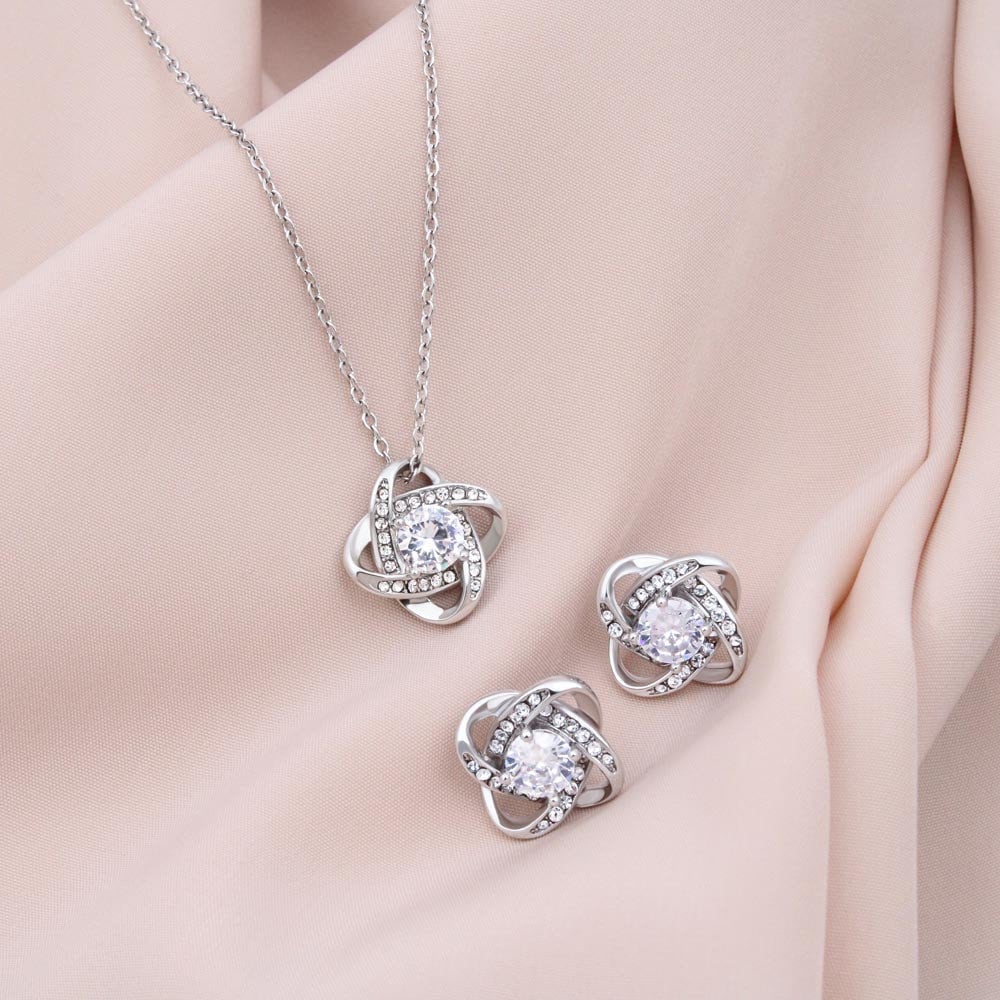 14k White Gold Love Knot Necklace Earrings SET for Mom Mother's Day Gift